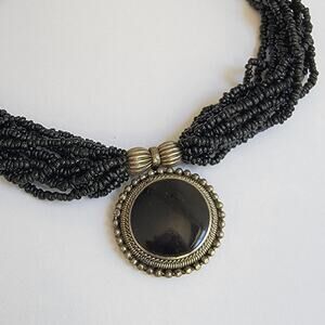 Vintage Beaded Black Stone Pendant Necklace, 15 inch